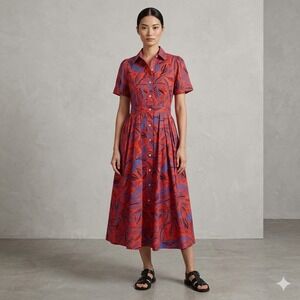 Alexis for Target Red Blue Tropical Leaf Button Front Midi‎ Shirt Dress XS